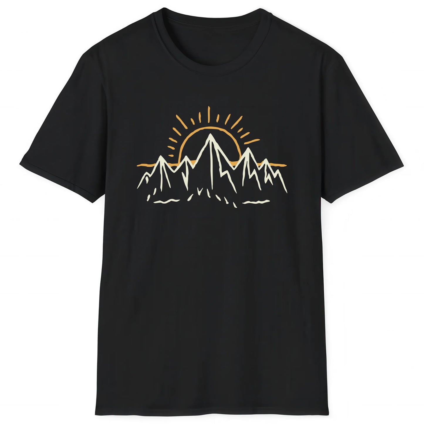 Black hiking T-shirt with minimalist mountain and sunrise design for hikers and nature lovers