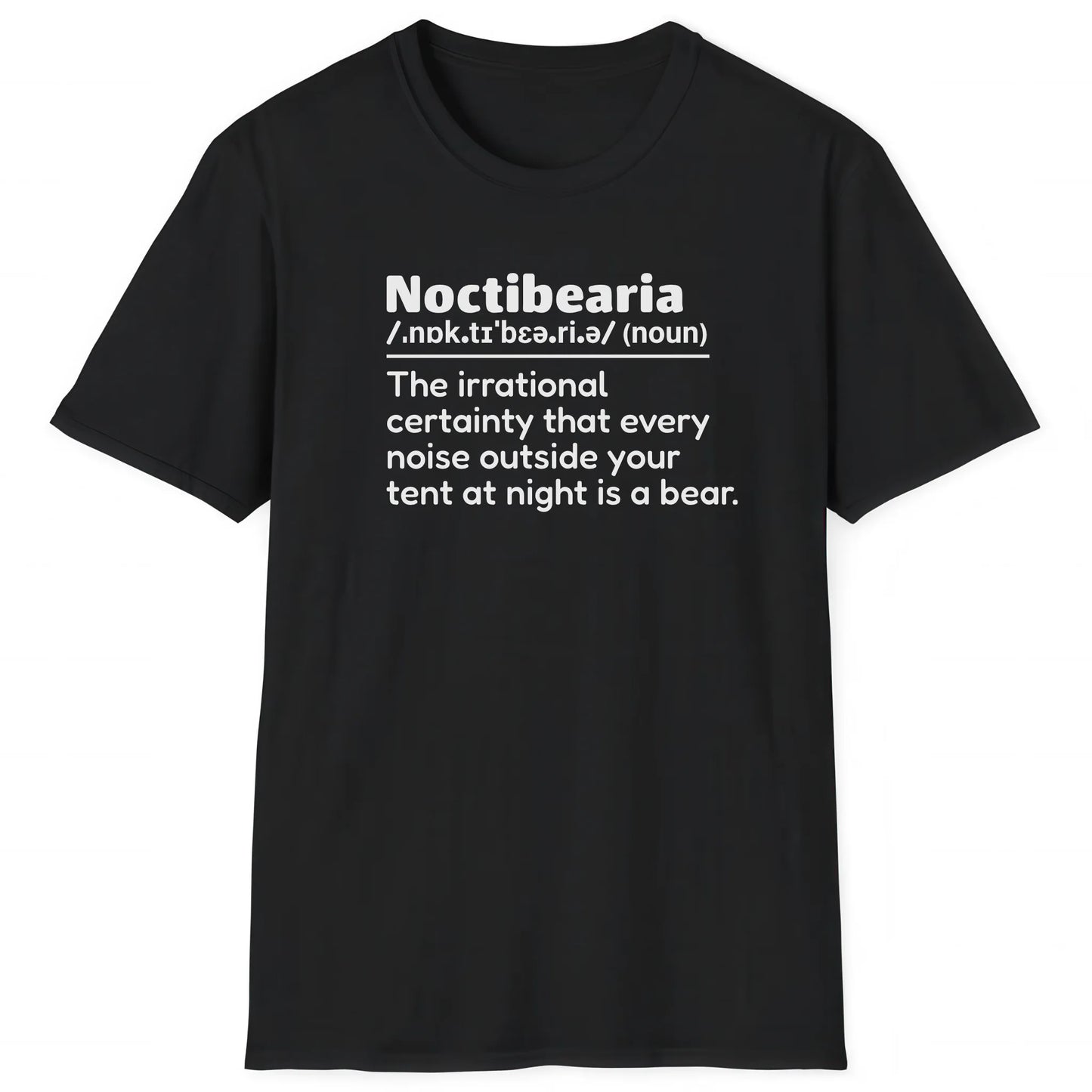 Black hiking T-shirt with definition Noctibearia about fear of bears at night for hikers and nature lovers