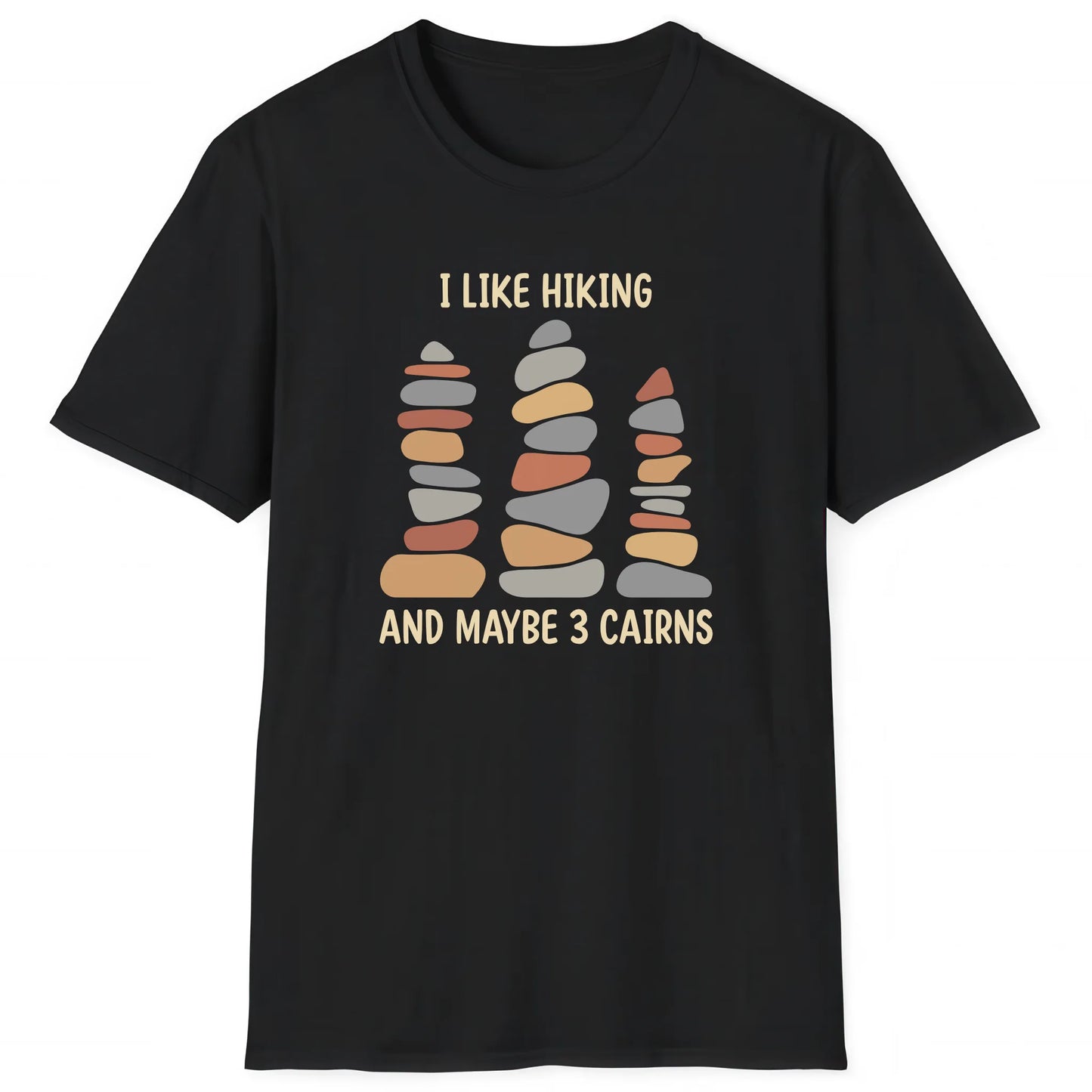 Black hiking T-shirt with stacked cairns and text I Like Hiking And Maybe 3 Cairns for hikers and nature lovers