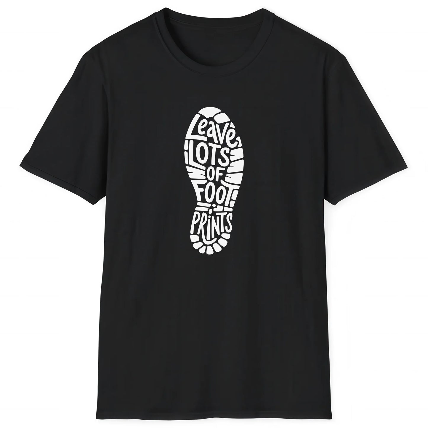 Black hiking T-shirt with boot print and text Leave Lots of Footprints for hikers and nature lovers