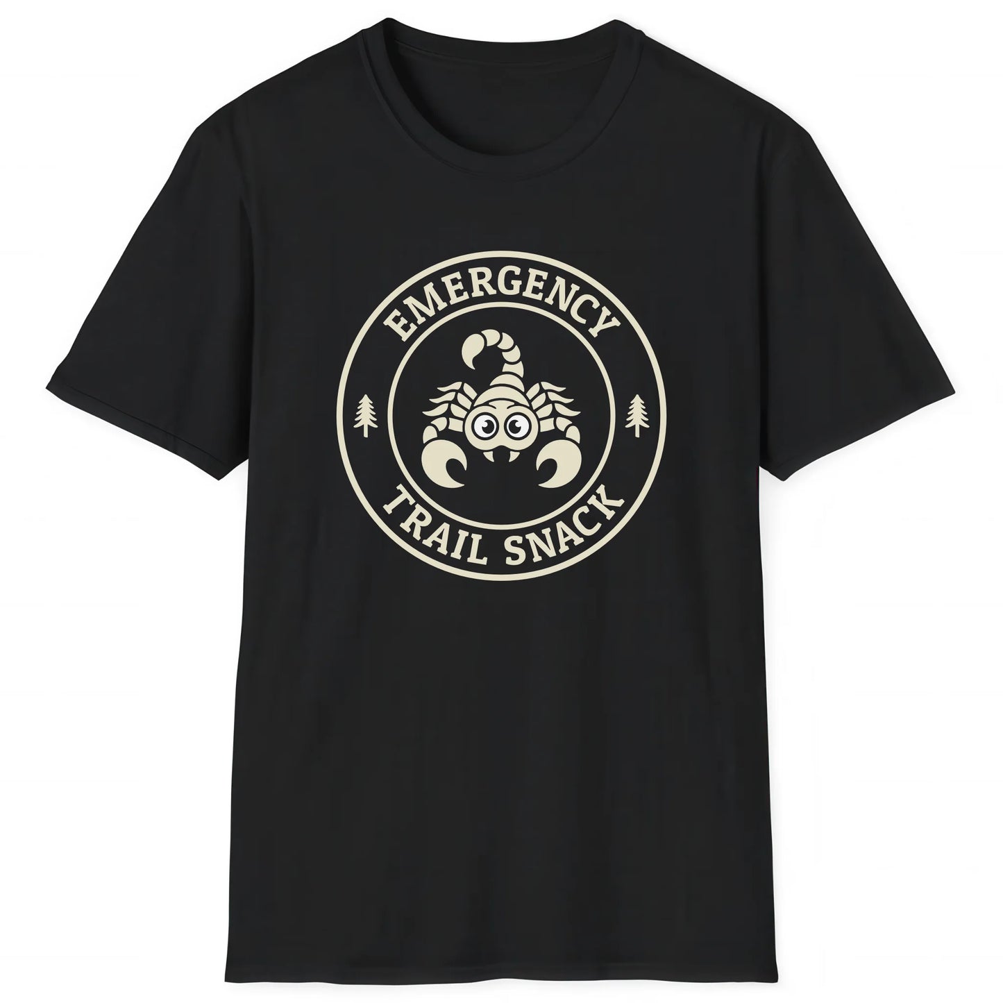 Black hiking T-shirt with cartoon scorpion and text Emergency Trail Snack for hikers and nature lovers