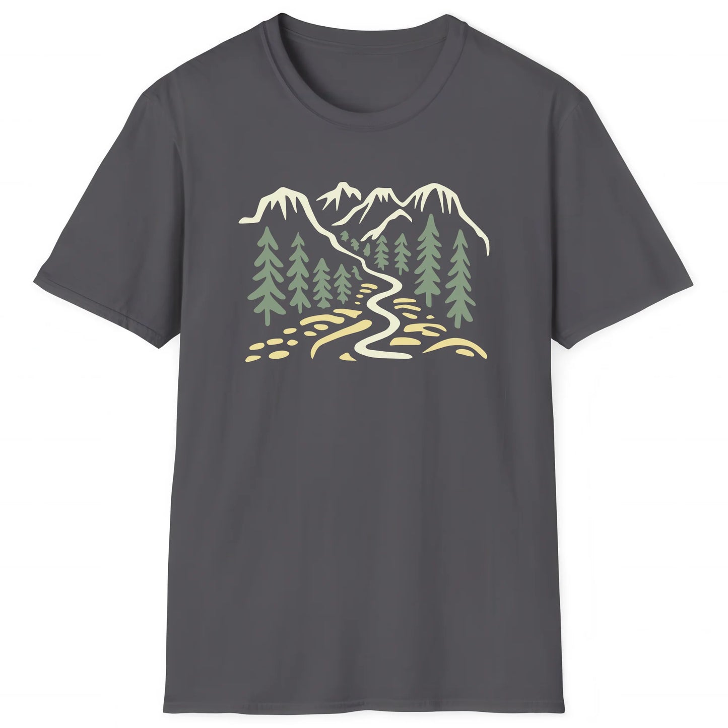 Charcoal hiking T-shirt with stylized mountain and pine tree artwork, outdoor trail style
