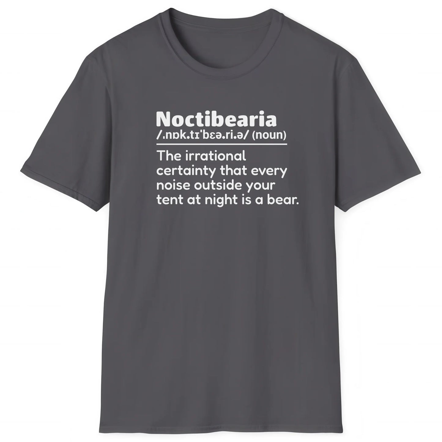 Charcoal hiking T-shirt with definition Noctibearia about fear of bears at night, outdoor trail style