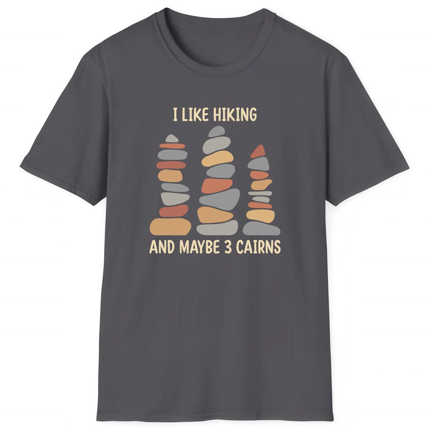 Charcoal hiking T-shirt with stacked cairns and text I Like Hiking And Maybe 3 Cairns, outdoor trail style