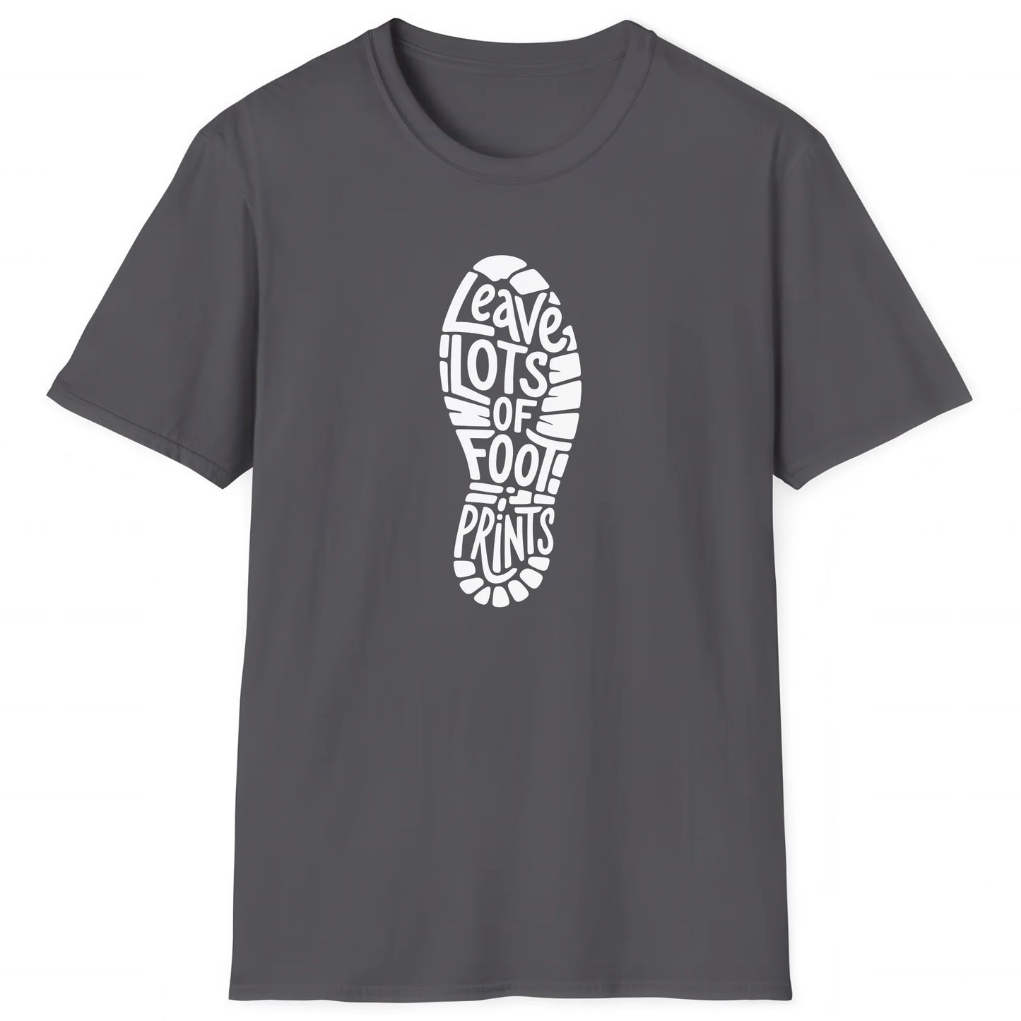 Charcoal hiking T-shirt with boot print and text Leave Lots of Footprints, outdoor trail style