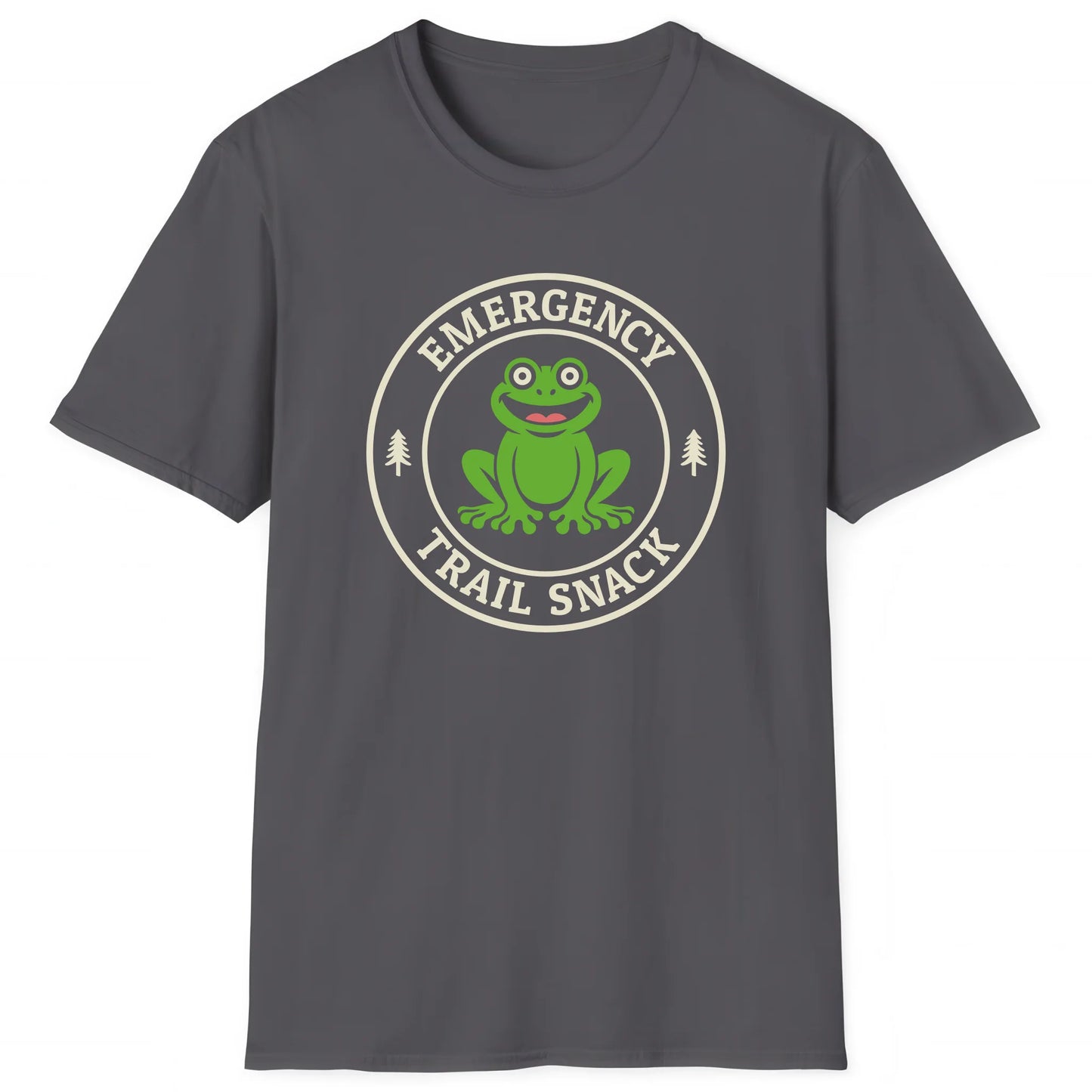 Charcoal hiking T-shirt with cartoon frog and text Emergency Trail Snack, outdoor trail style
