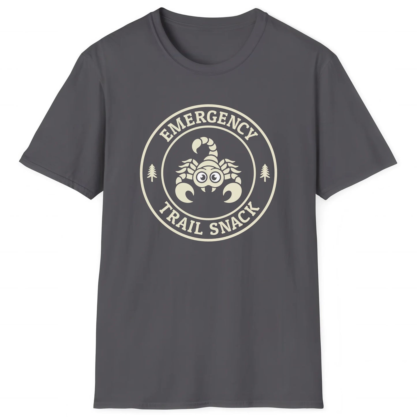 Charcoal hiking T-shirt with cartoon scorpion and text Emergency Trail Snack, outdoor trail style