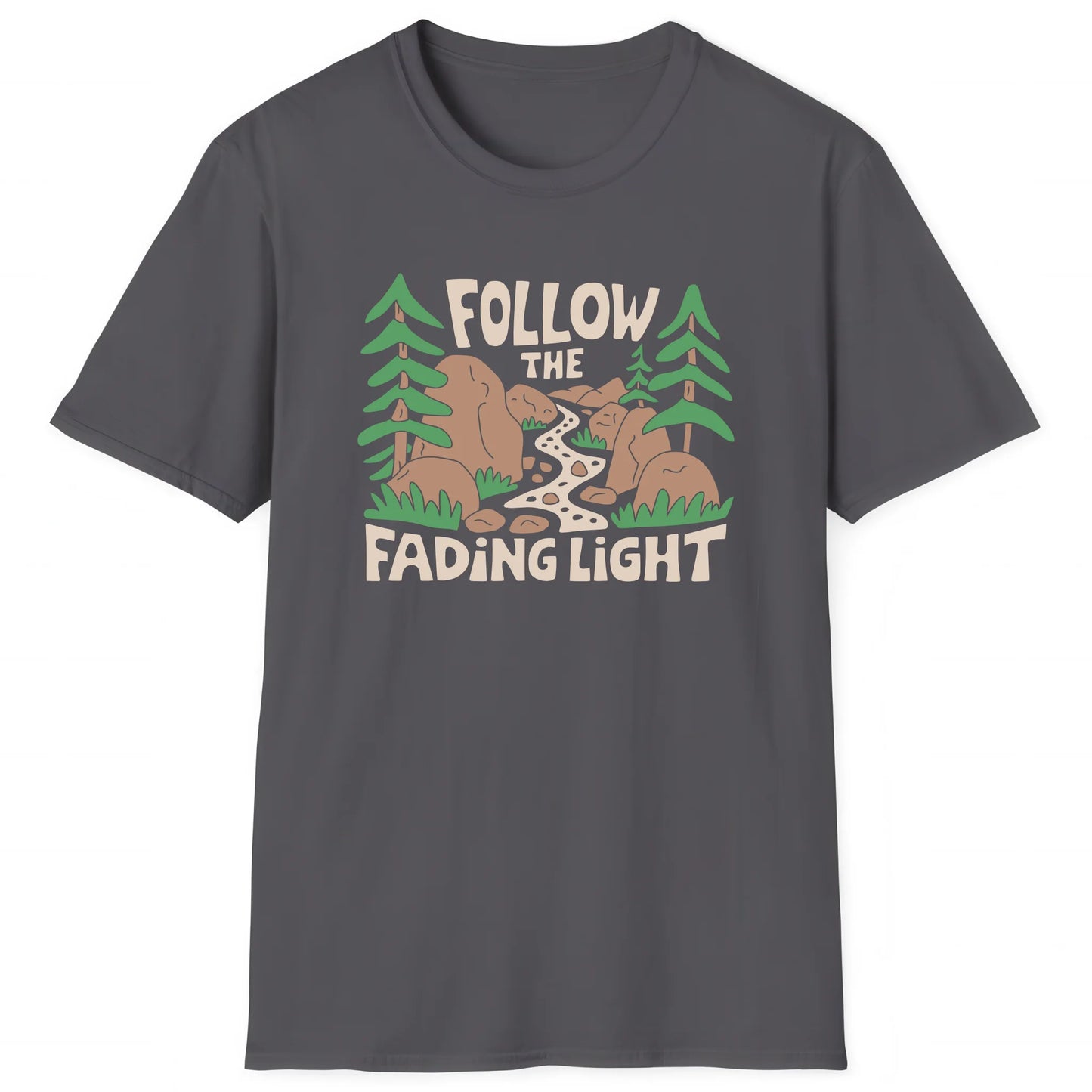 Charcoal hiking T-shirt with mountain trail design and text Follow the Fading Light, outdoor trail style
