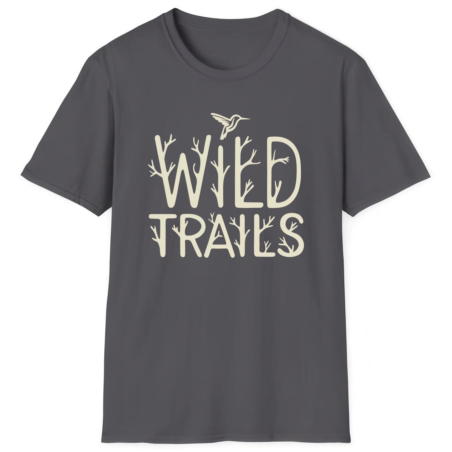 Charcoal hiking T-shirt with branch-style Wild Trails text and hummingbird, outdoor trail style