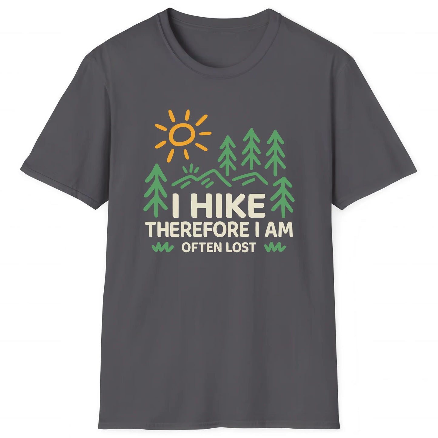 Charcoal hiking T-shirt with stylized mountain and pine tree artwork, outdoor trail style