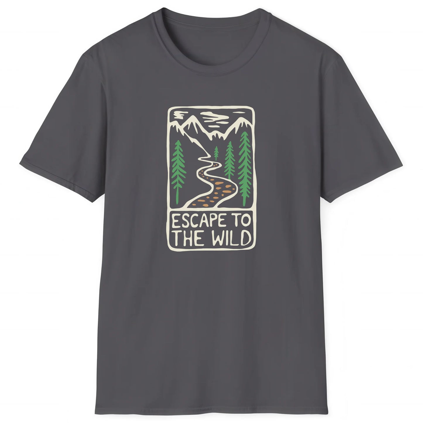 Charcoal hiking T-shirt with mountain and forest art and text Escape to the Wild, nature-inspired tee