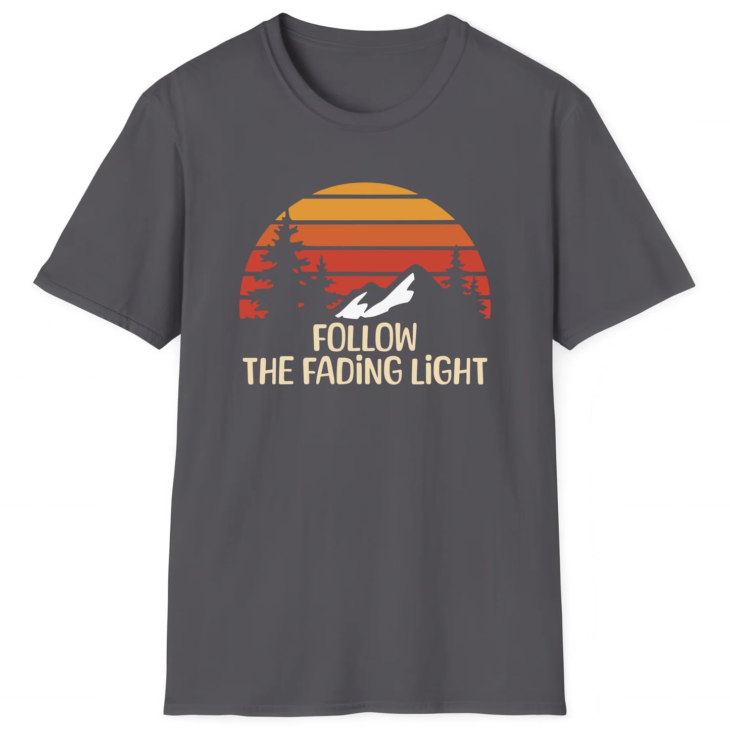 Charcoal hiking T-shirt with mountain sunset and text Follow The Fading Light, outdoor trail style