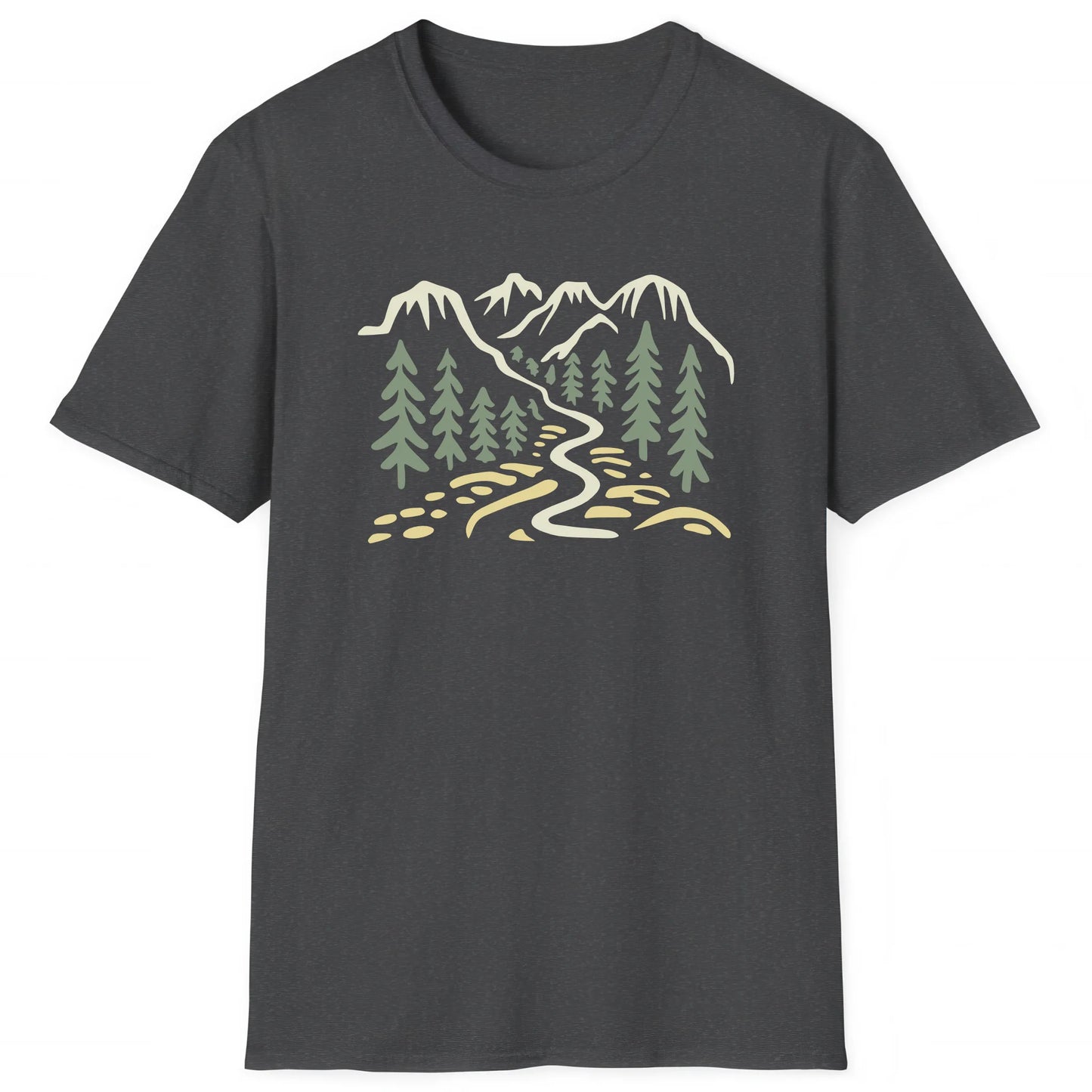 Dark Heather hiking T-shirt with scenic forest and mountain path graphic, perfect for hikers