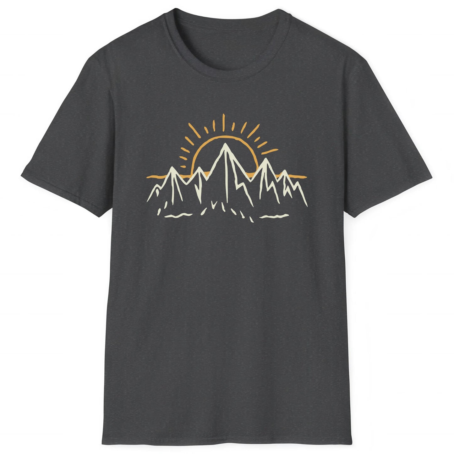 Dark Heather hiking T-shirt with minimalist mountain and sunrise design, perfect for hikers