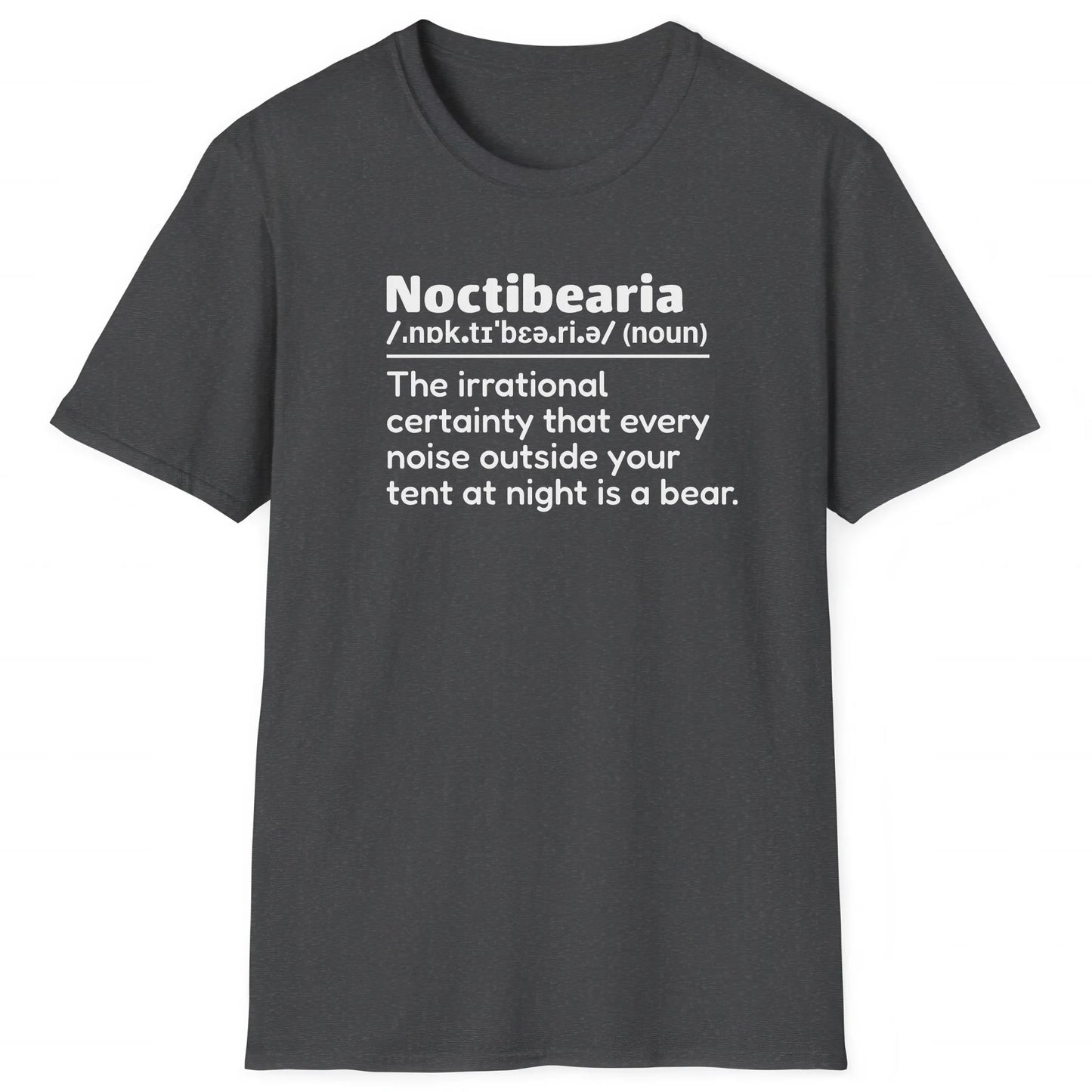 Dark Heather hiking T-shirt with definition Noctibearia about fear of bears at night, perfect for hikers