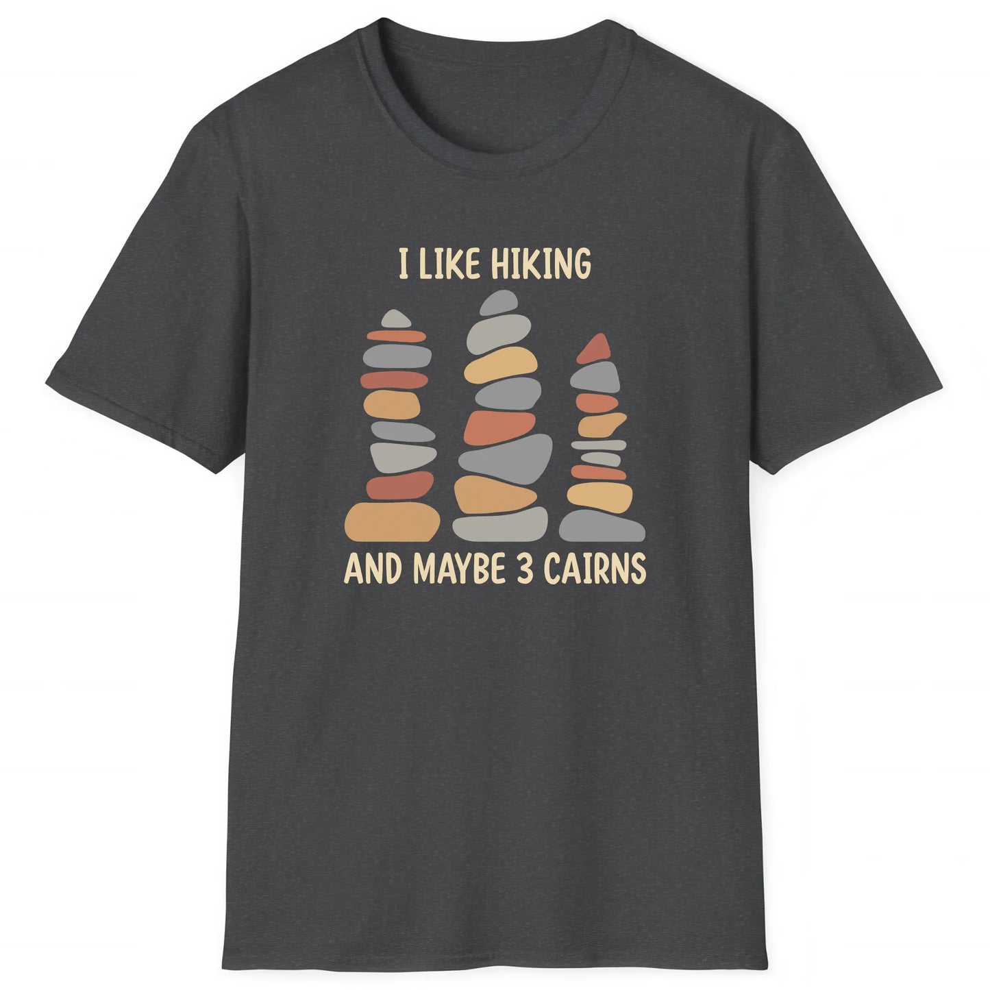 Dark Heather hiking T-shirt with stacked cairns and text I Like Hiking And Maybe 3 Cairns, perfect for hikers