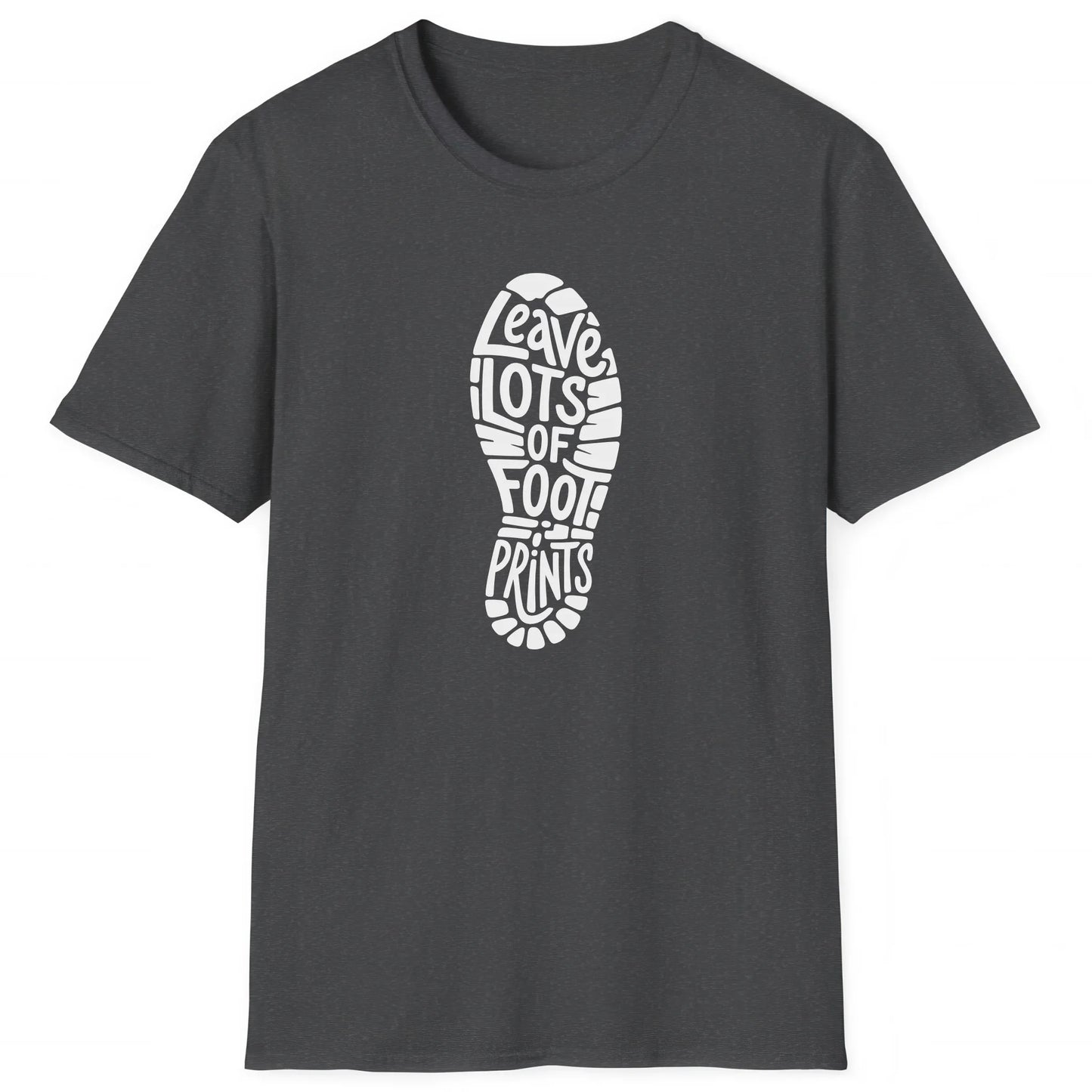 Dark Heather hiking T-shirt with boot print and text Leave Lots of Footprints, perfect for hikers