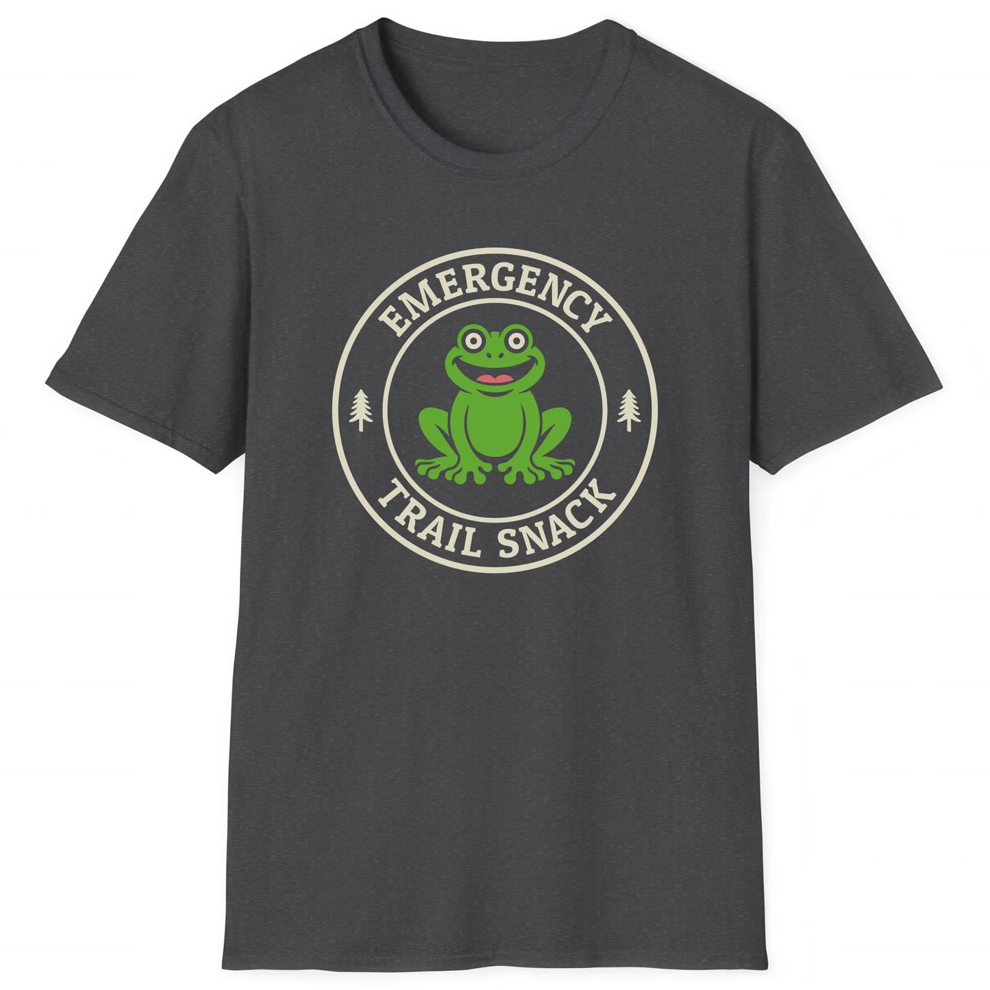 Dark Heather hiking T-shirt with cartoon frog and text Emergency Trail Snack, perfect for hikers