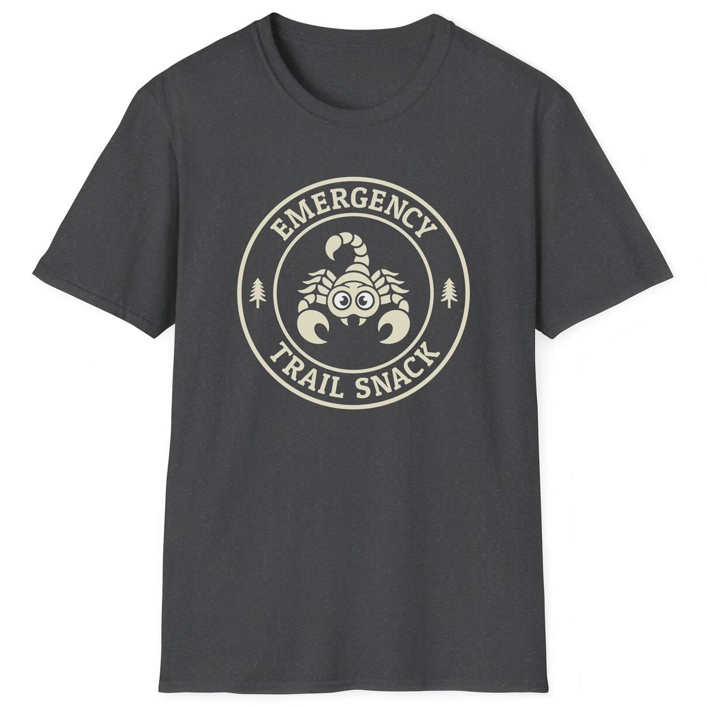 Dark Heather hiking T-shirt with cartoon scorpion and text Emergency Trail Snack, perfect for hikers