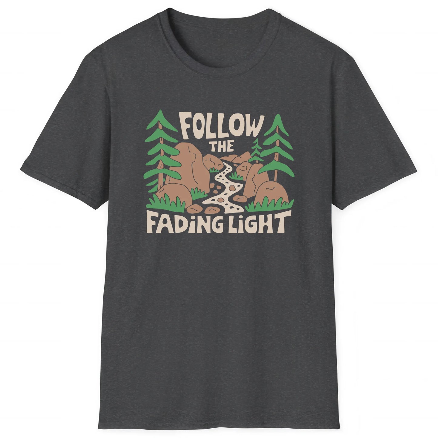 Dark Heather hiking T-shirt with mountain trail design and text Follow the Fading Light, perfect for hikers