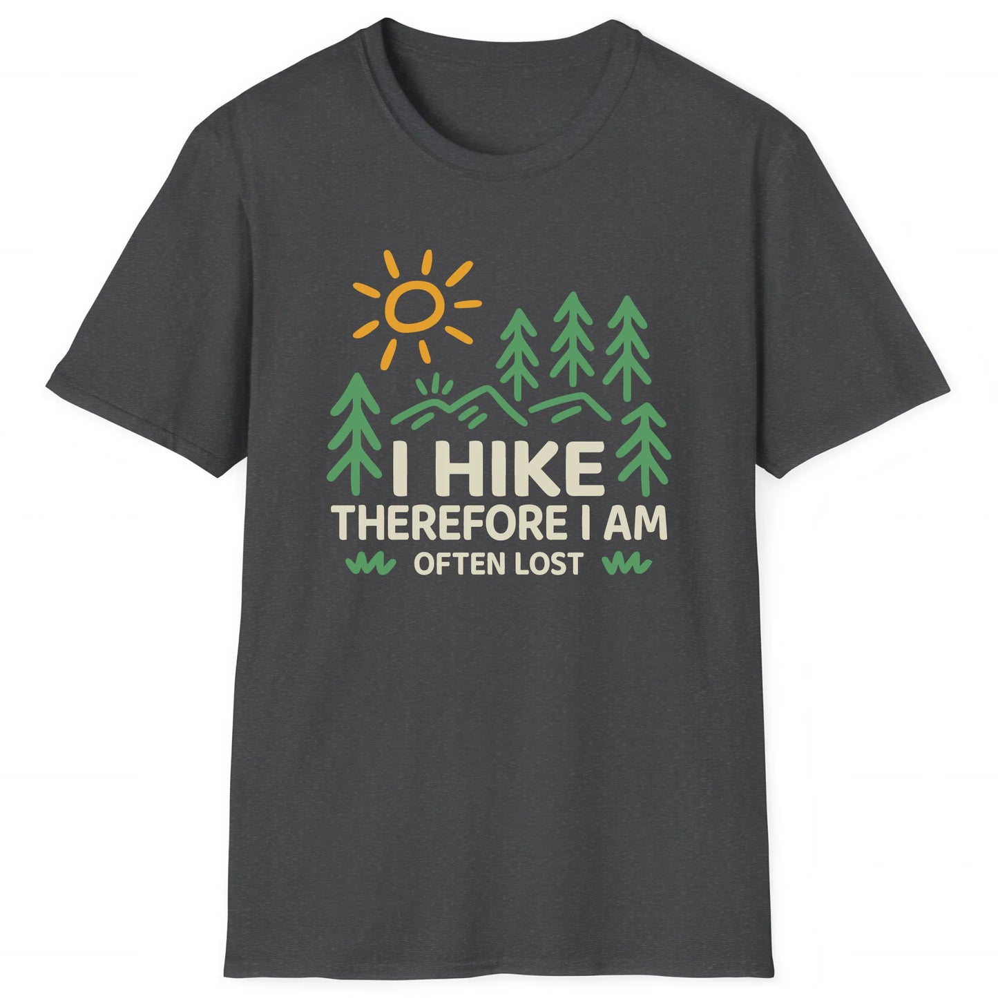 Dark Heather hiking T-shirt with scenic forest and mountain path graphic, perfect for hikers