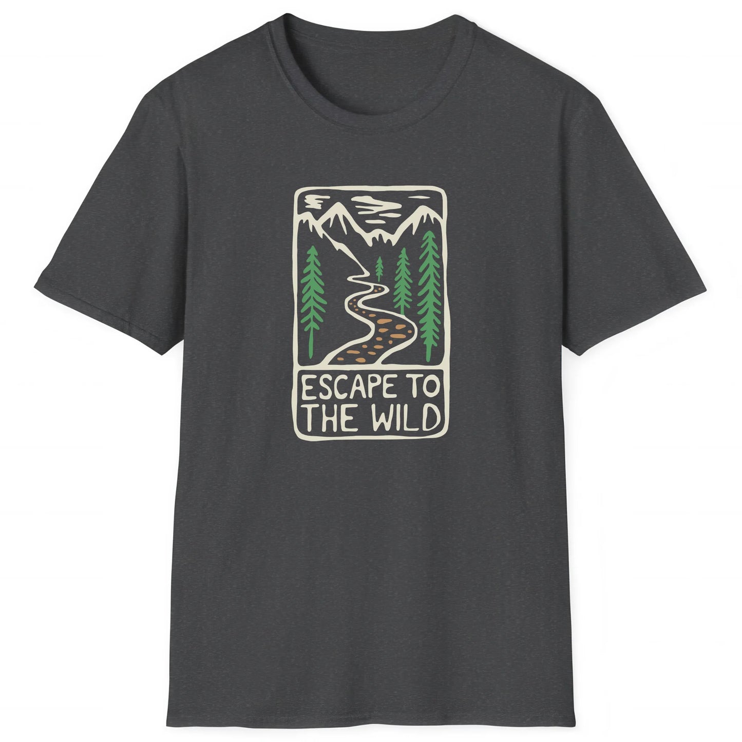 Dark Heather hiking T-shirt with mountain trail and trees, text Escape to the Wild, outdoor adventure shirt