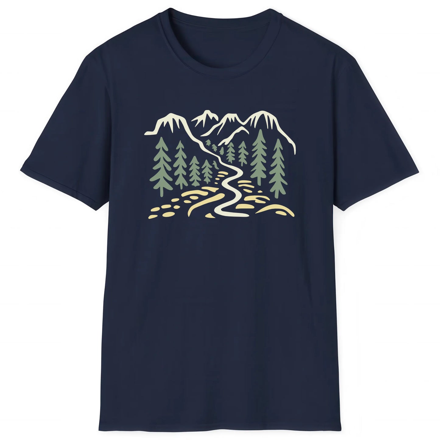 Navy hiking T-shirt with flowing trail through mountains and pines, nature inspired apparel