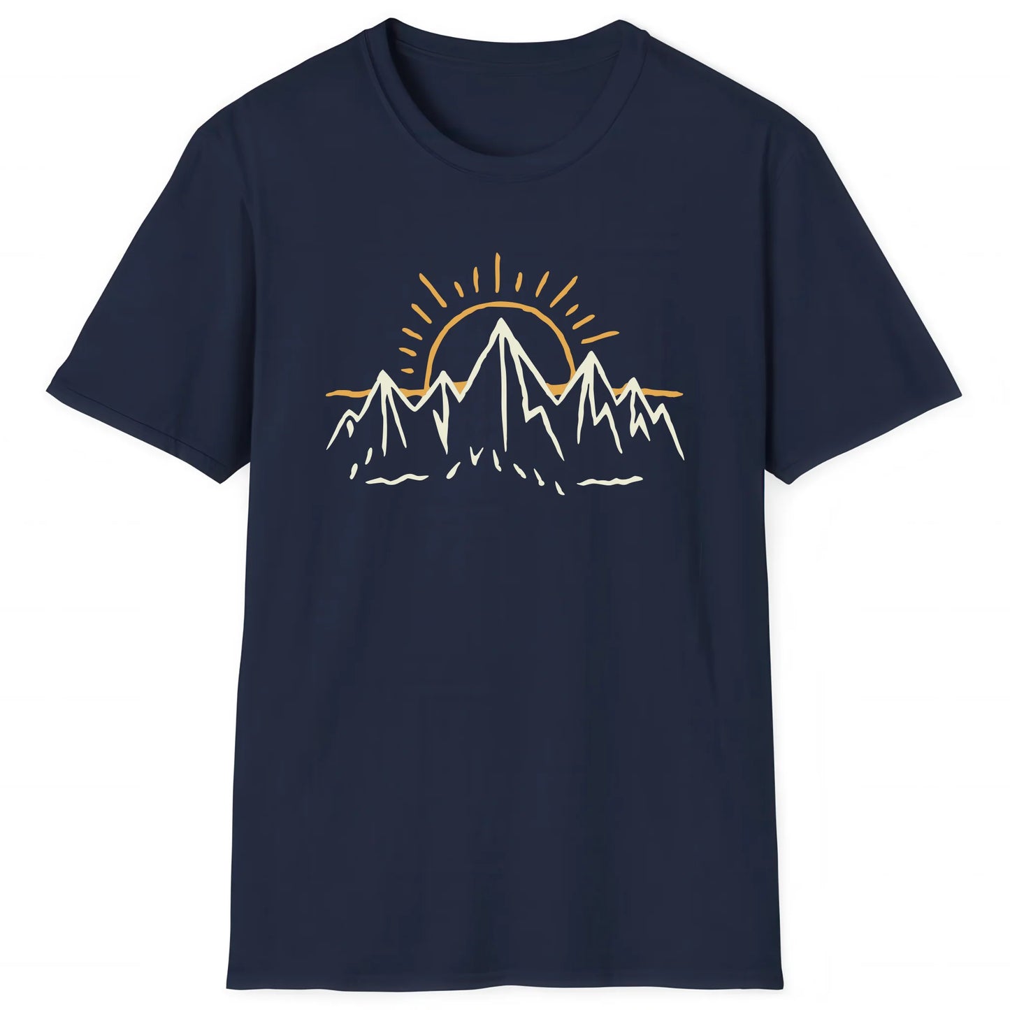 Navy hiking T-shirt with minimalist mountain and sunrise design, nature inspired apparel