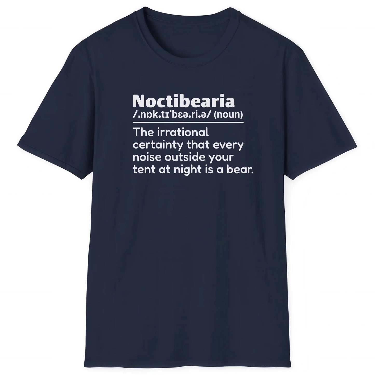 Navy hiking T-shirt with definition Noctibearia about fear of bears at night, nature inspired apparel