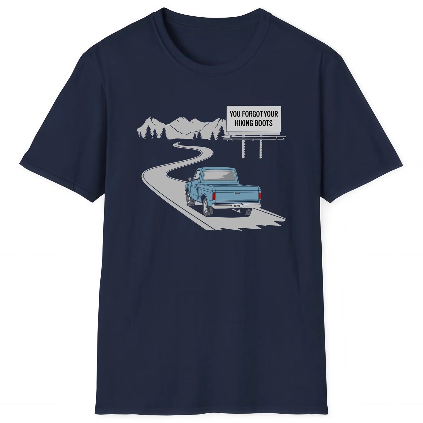Navy hiking T-shirt with car on mountain road and text You Forgot Your Hiking Boots, nature inspired apparel