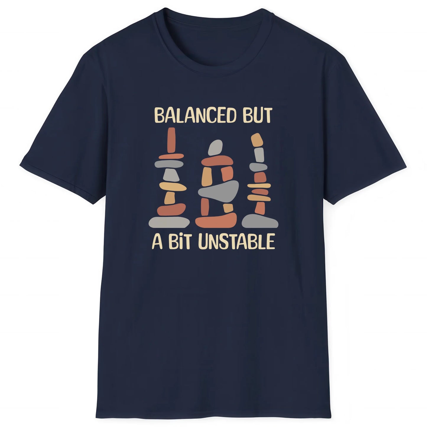 Navy hiking T-shirt with stacked cairns and text Balanced But A Bit Unstable, nature inspired apparel