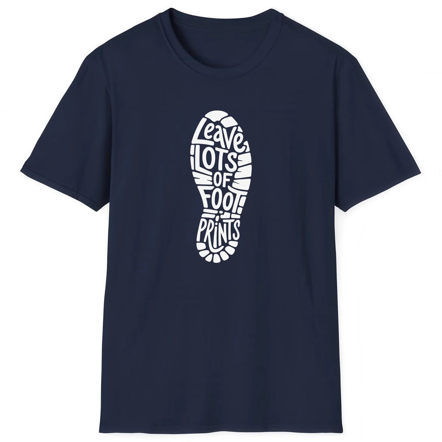 Navy hiking T-shirt with boot print and text Leave Lots of Footprints, nature inspired apparel