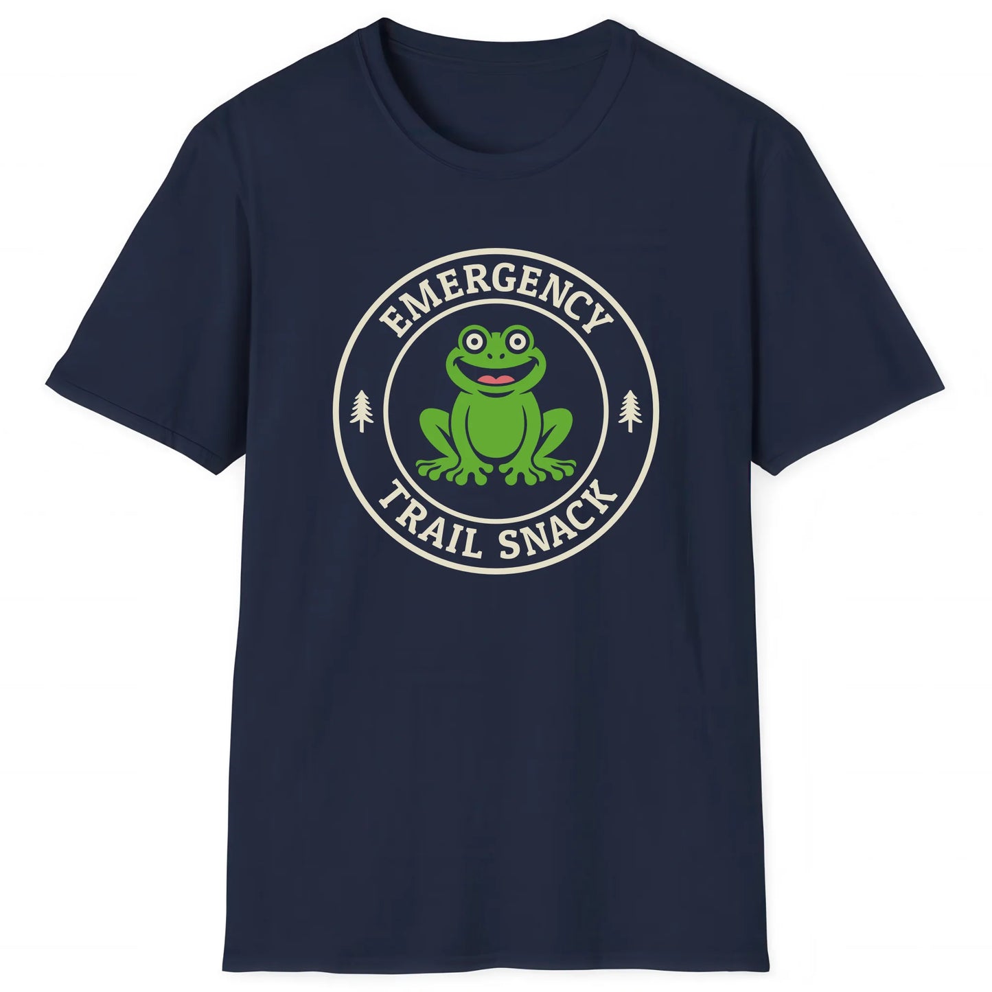 Navy hiking T-shirt with cartoon frog and text Emergency Trail Snack, nature inspired apparellll