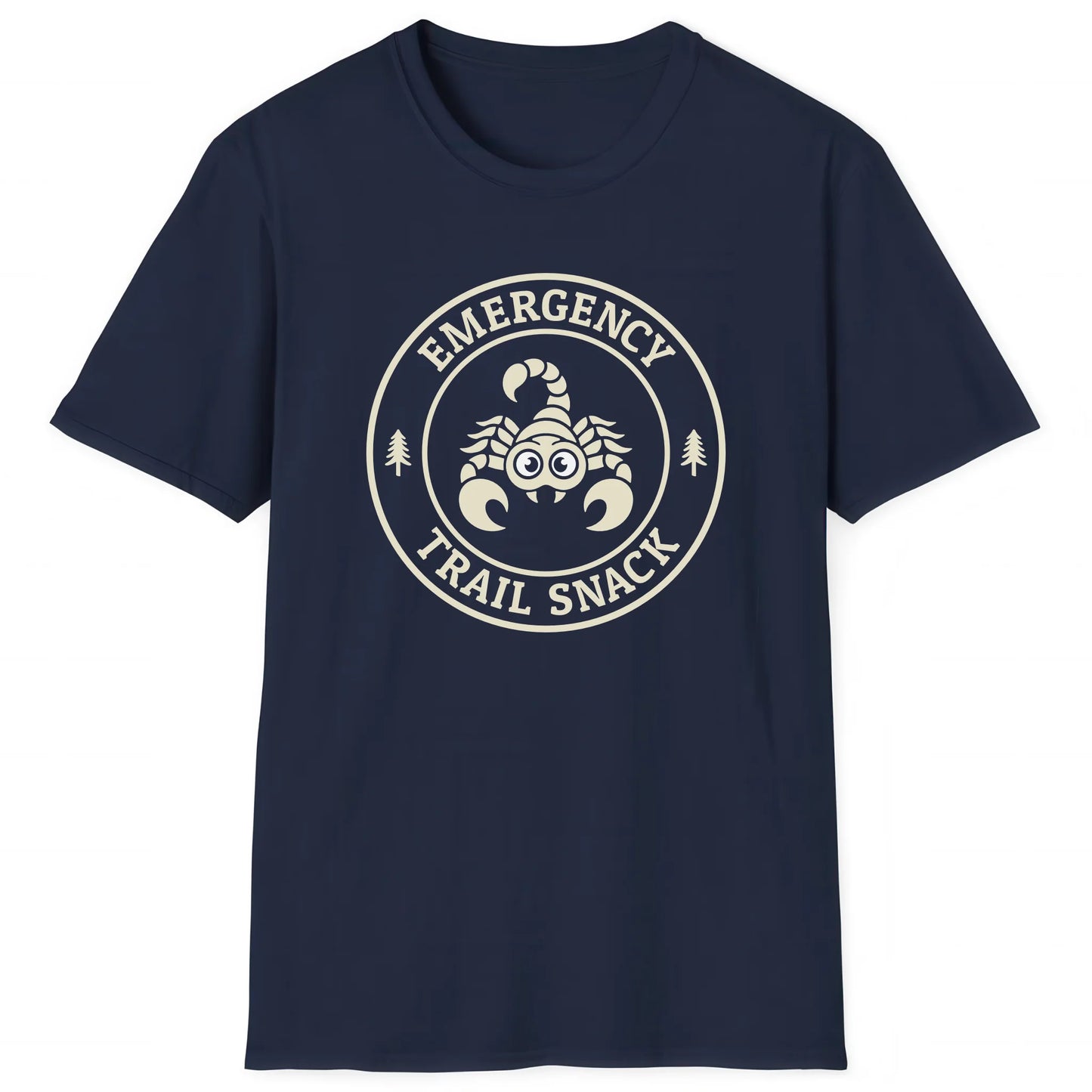 Navy hiking T-shirt with cartoon scorpion and text Emergency Trail Snack, nature inspired apparel
