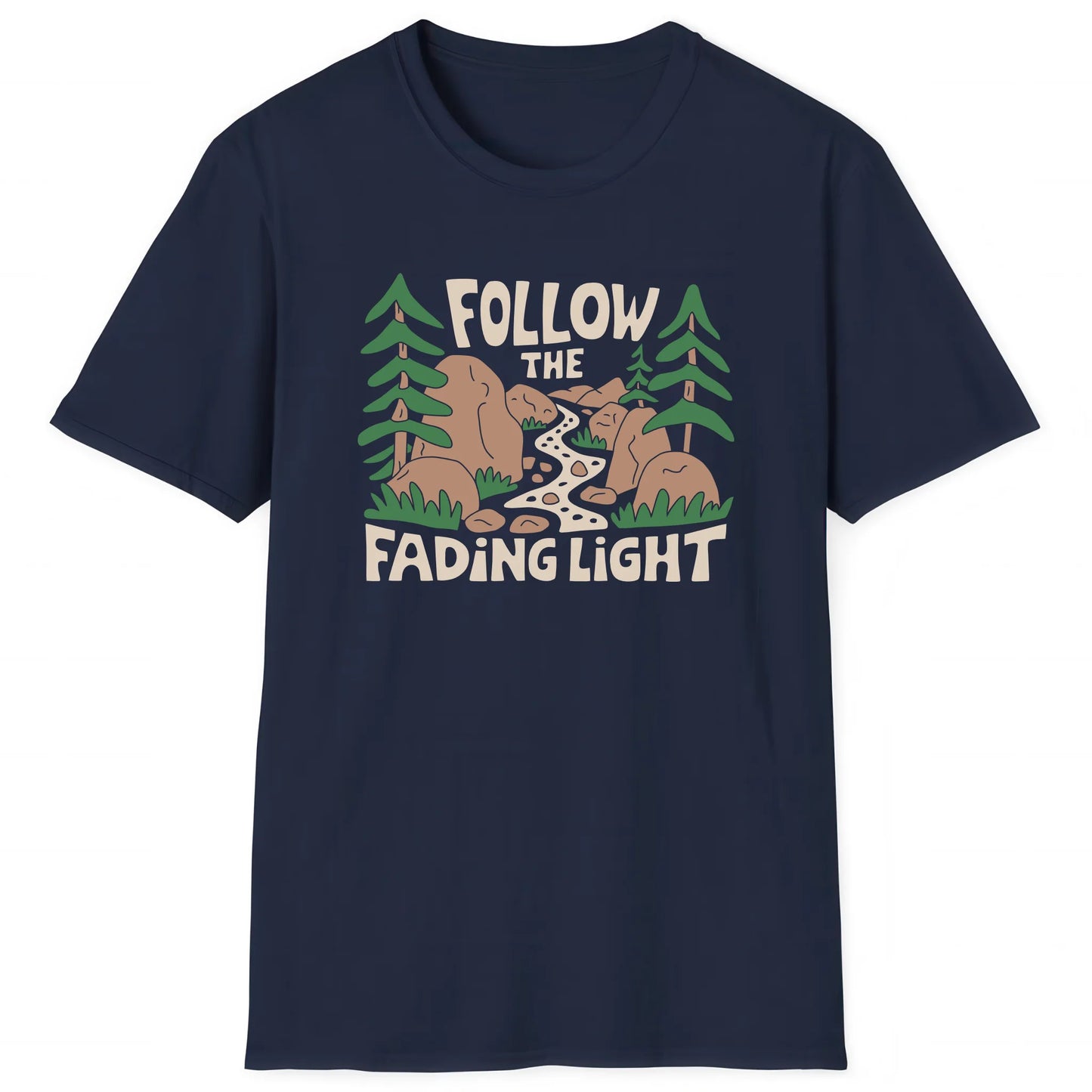 Navy hiking T-shirt with mountain trail design and text Follow the Fading Light, nature inspired apparel