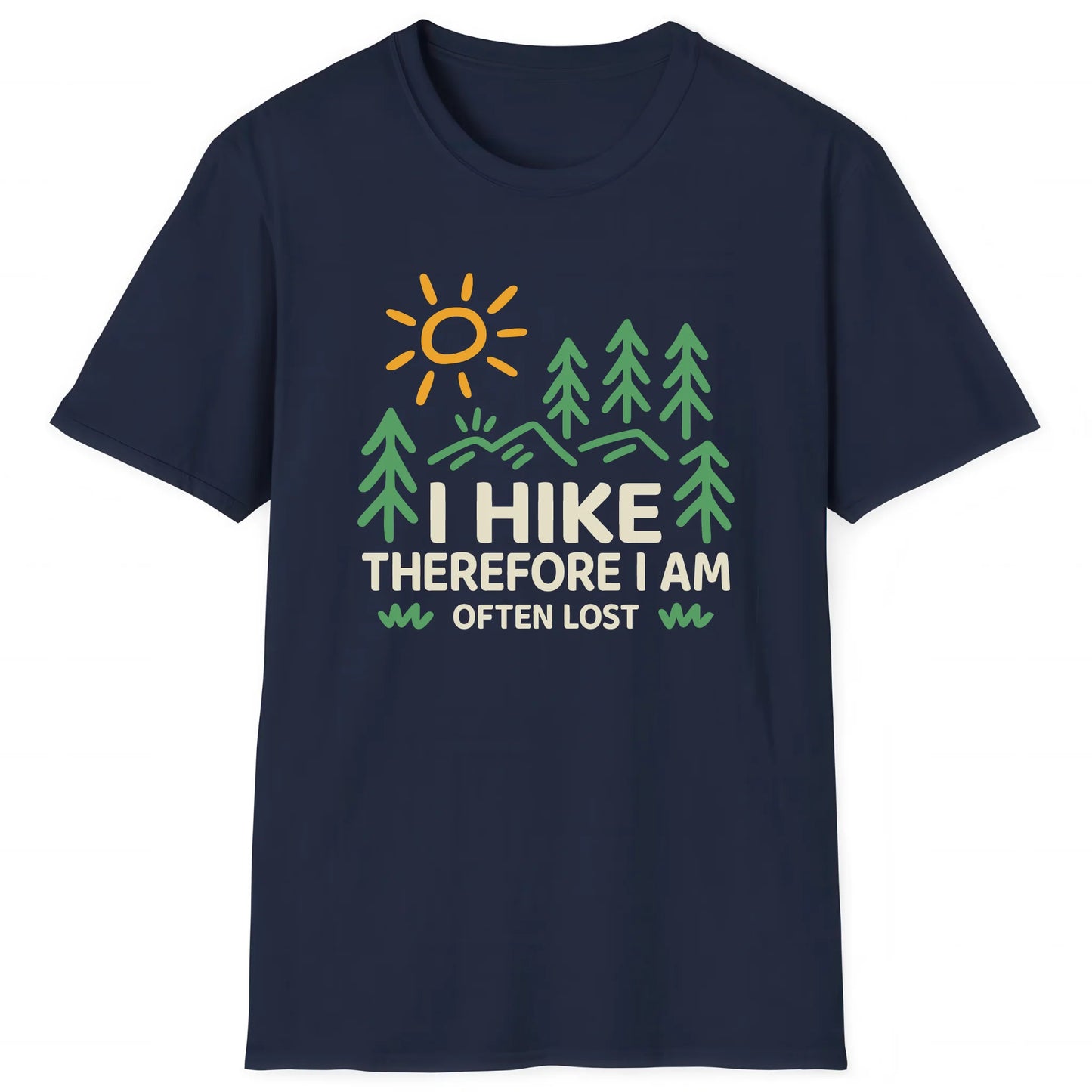 Navy hiking T-shirt with flowing trail through mountains and pines, nature inspired apparel