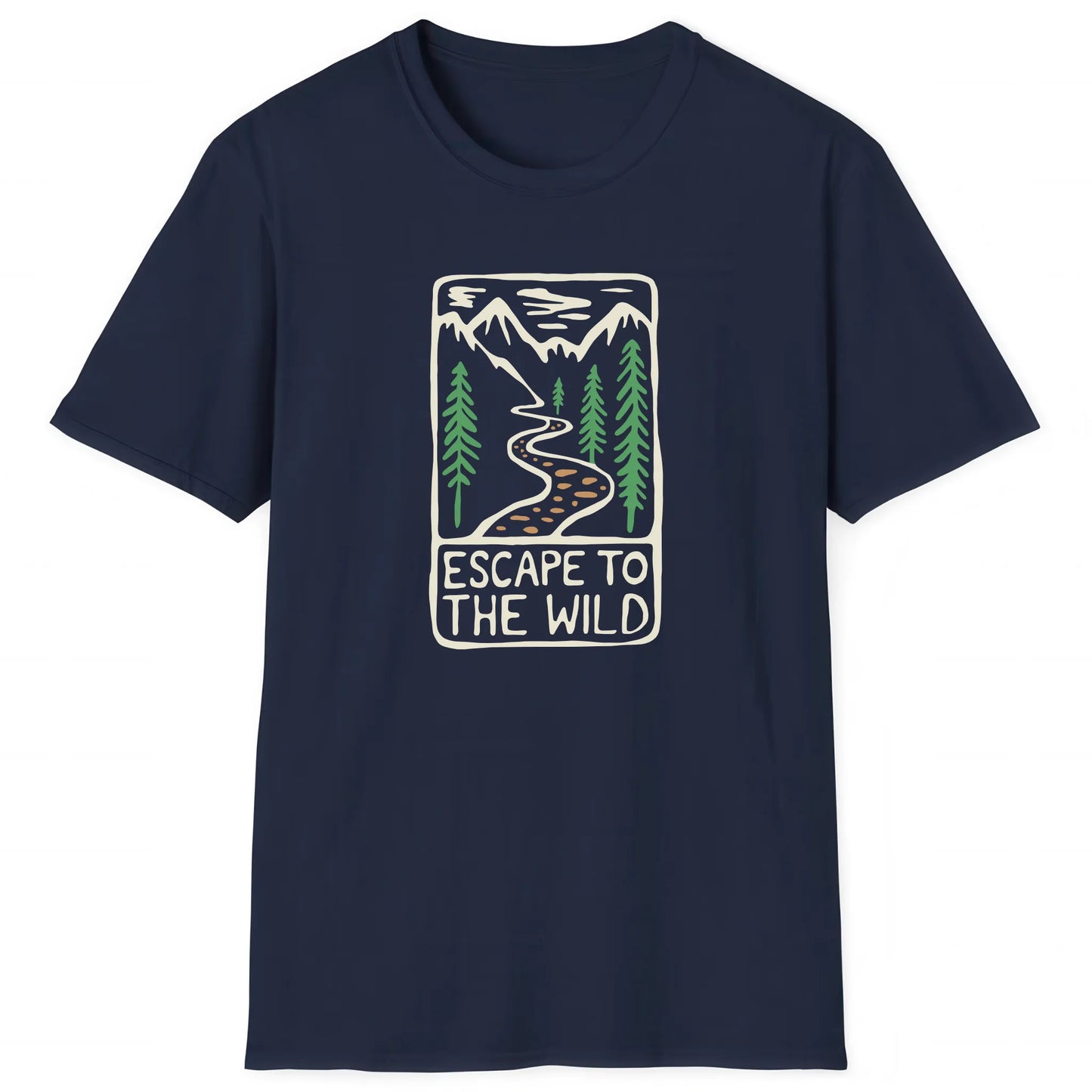 Navy hiking T-shirt with scenic trail and pine trees, text Escape to the Wild, ideal for hikers