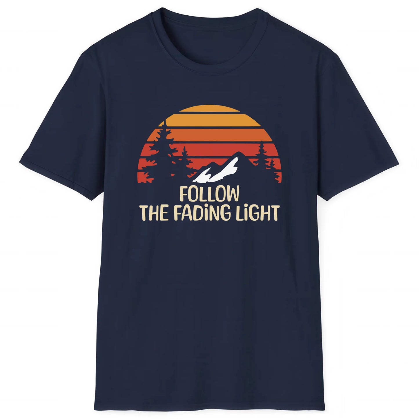 Navy hiking T-shirt with mountain sunset and text Follow The Fading Light, nature inspired apparel