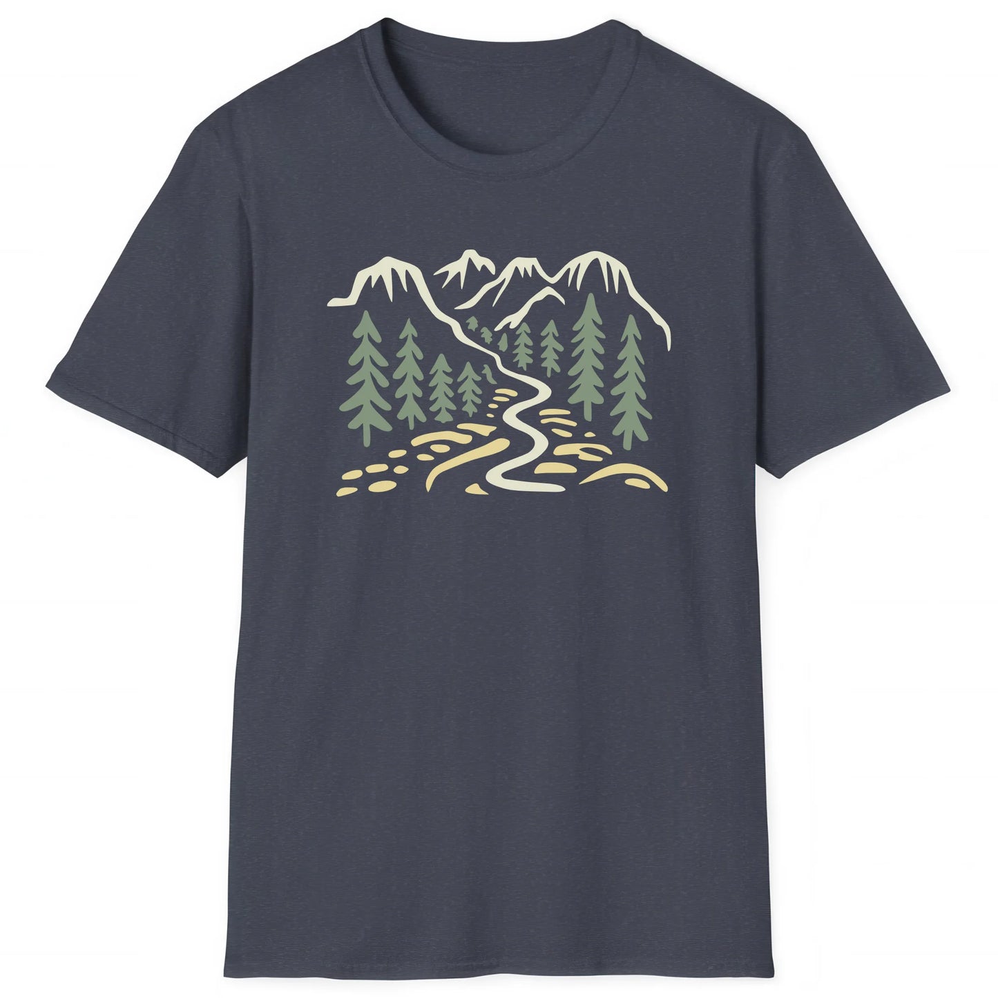 Heather Navy hiking T-shirt with clean mountain trail illustration, great for hikers
