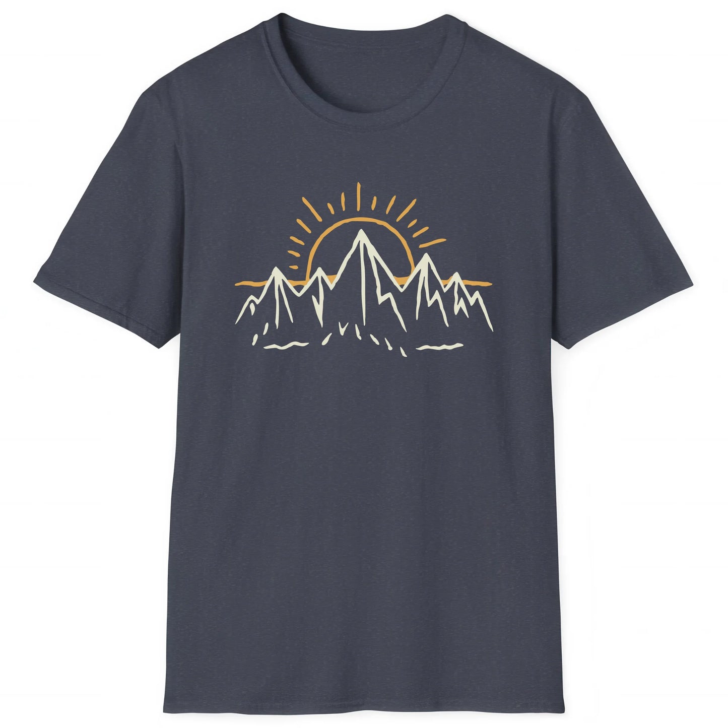 Heather Navy hiking T-shirt with minimalist mountain and sunrise design, great for hikers