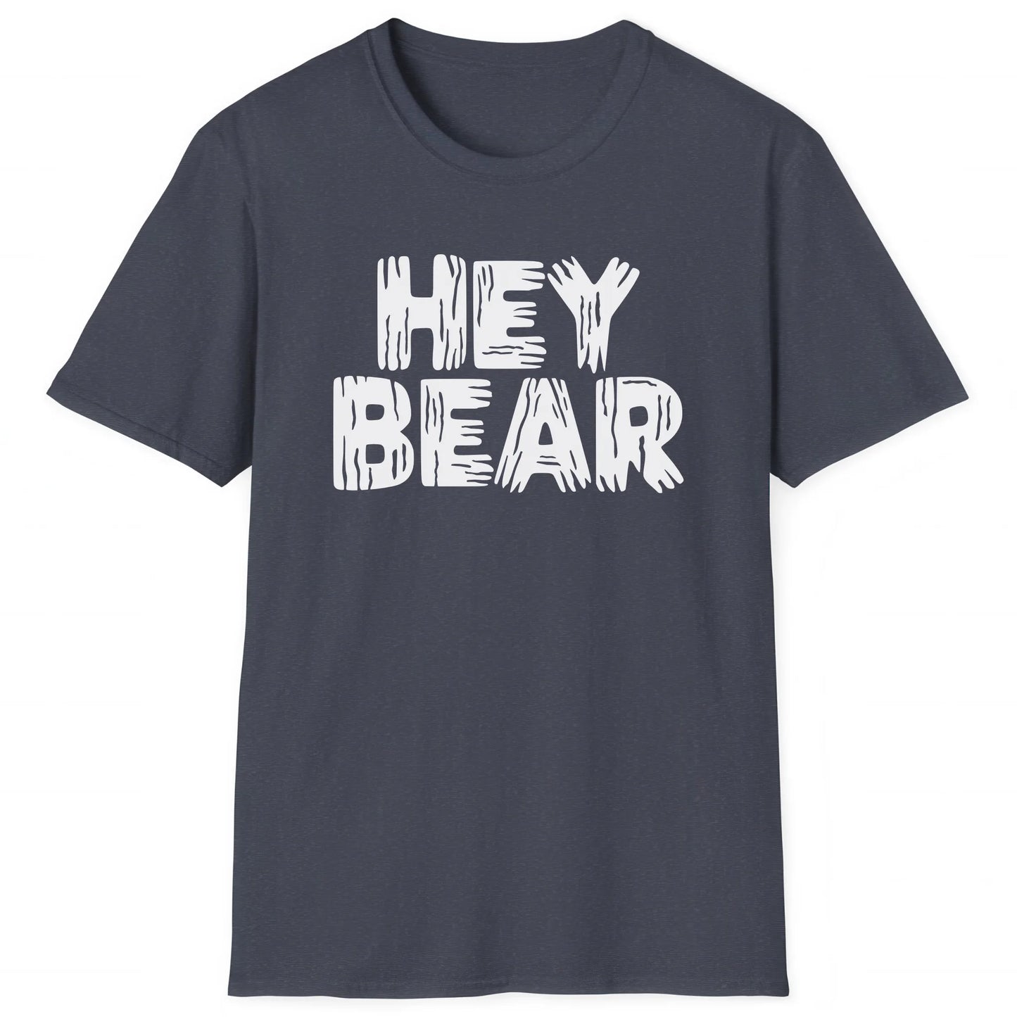 Heather Navy hiking T-shirt with bold white text Hey Bear, perfect outdoor shirt for hikers