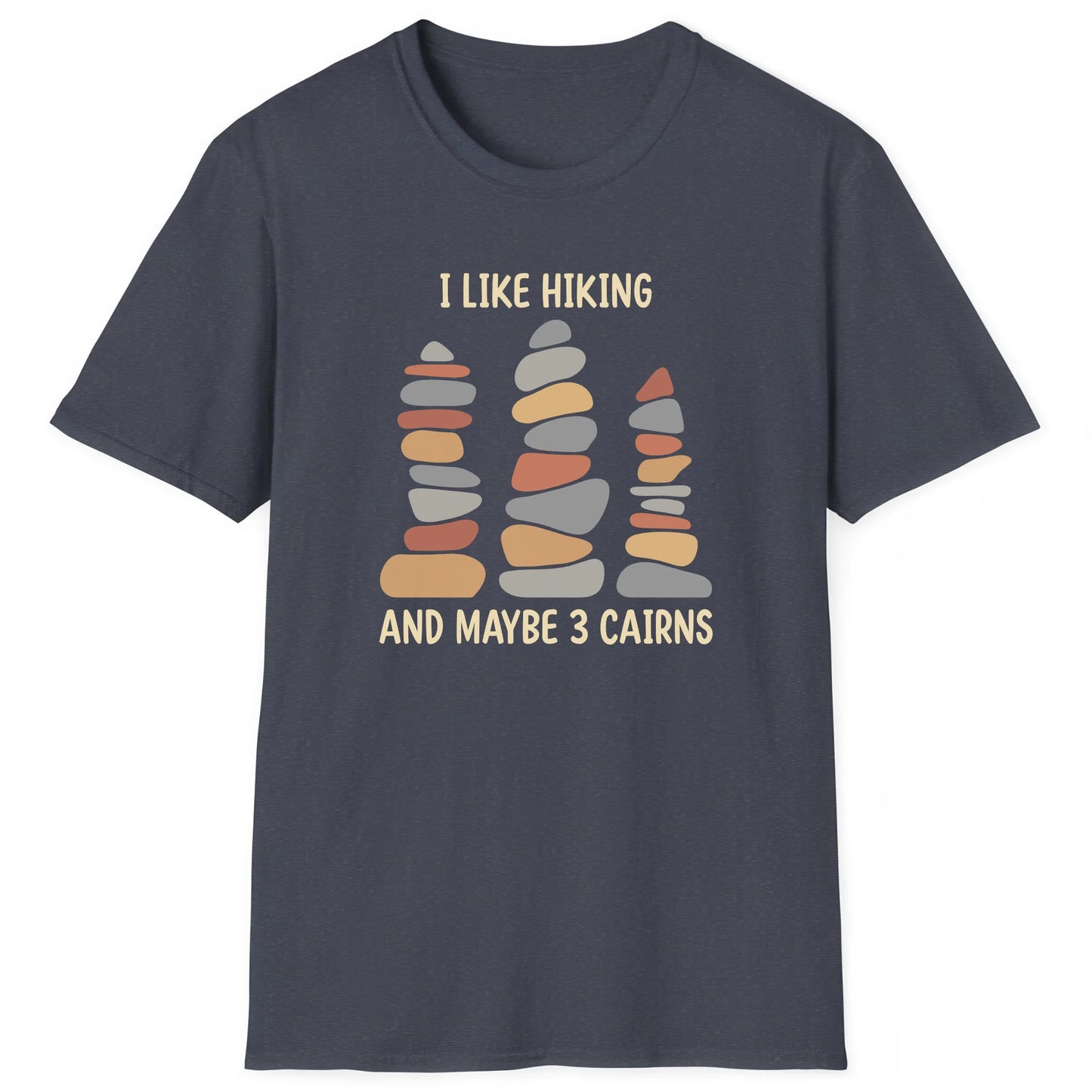 Heather Navy hiking T-shirt with stacked cairns and text I Like Hiking And Maybe 3 Cairns, great for hikers