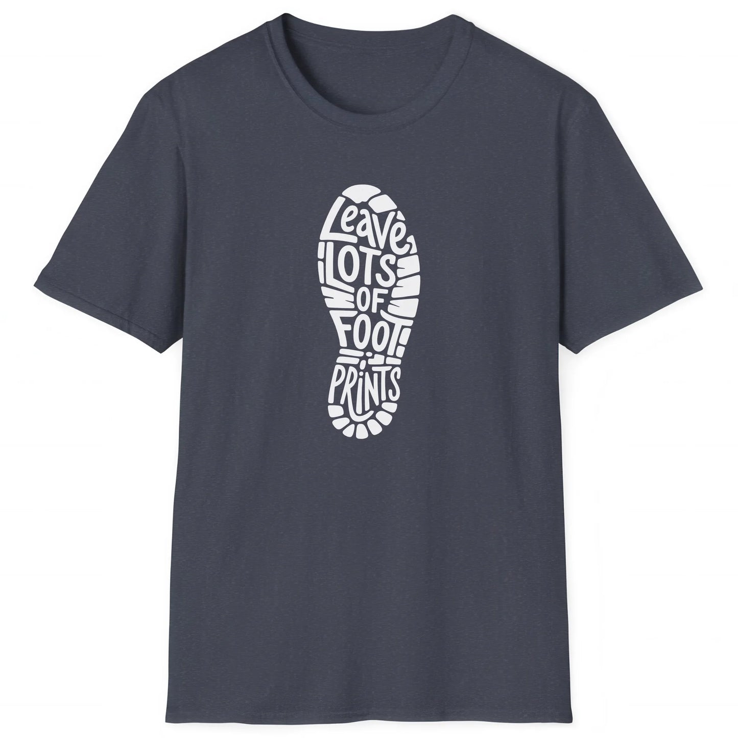 Heather Navy hiking T-shirt with boot print and text Leave Lots of Footprints, great for hikers