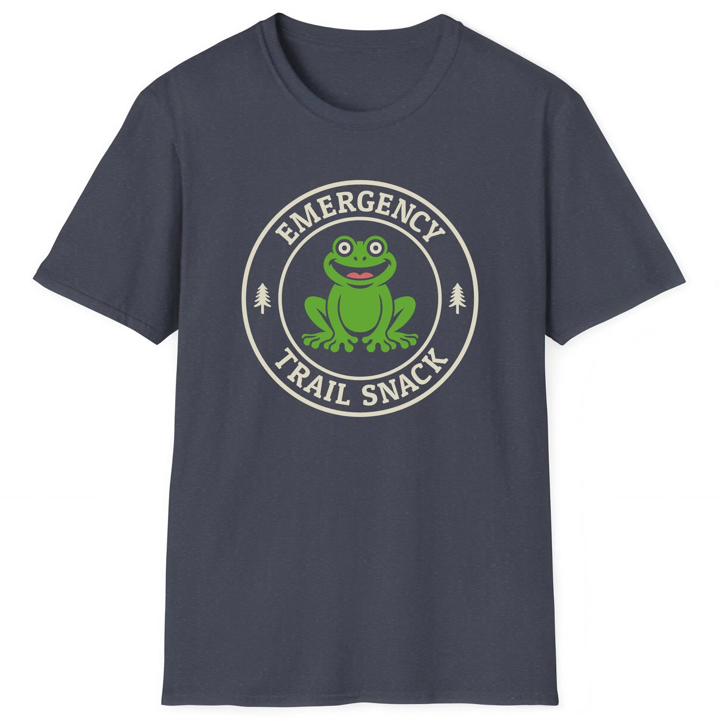 Heather Navy hiking T-shirt with cartoon frog and text Emergency Trail Snack, great for hikers