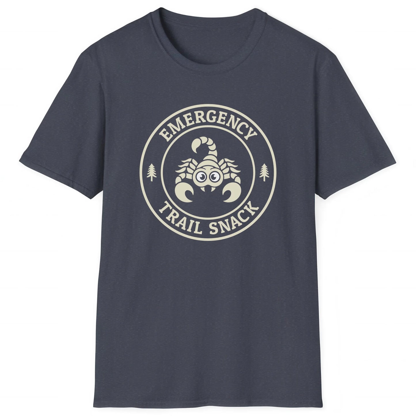 Heather Navy hiking T-shirt with cartoon scorpion and text Emergency Trail Snack, great for hikers