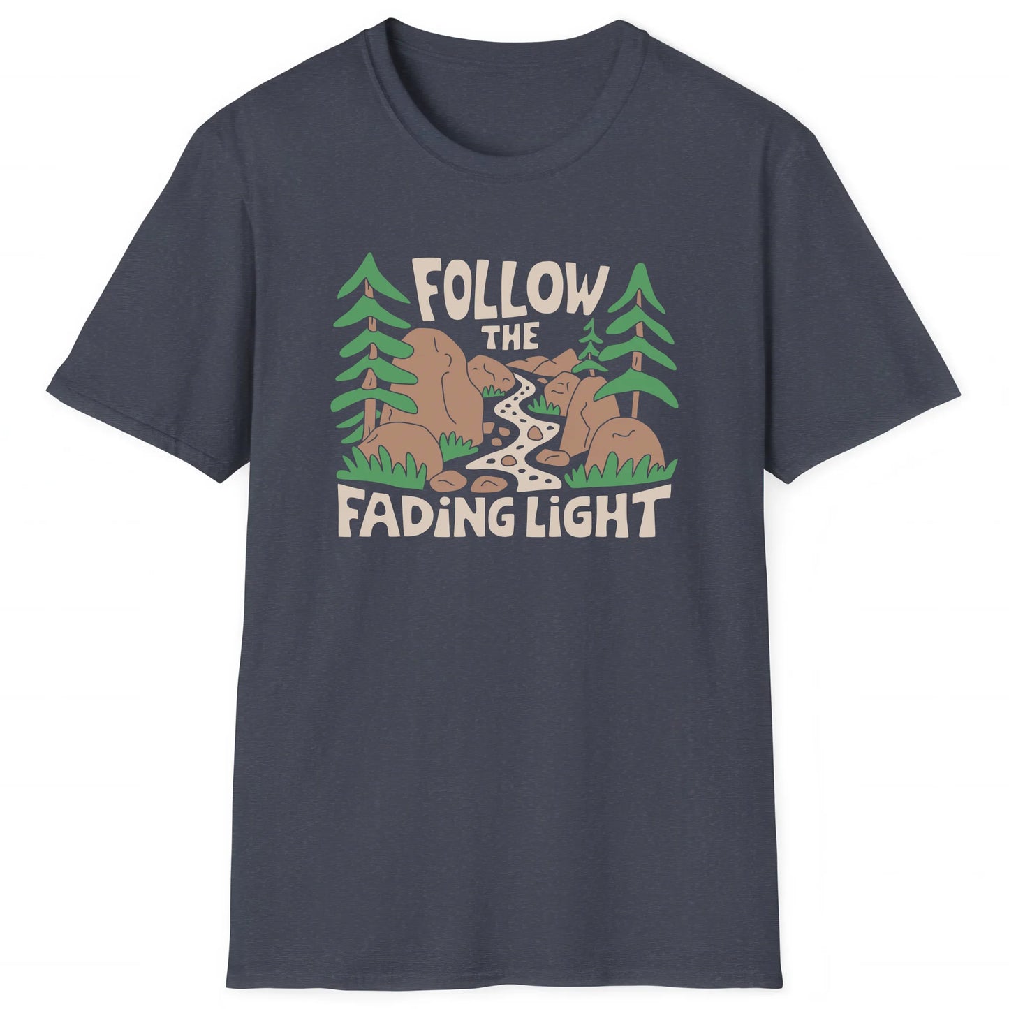 Heather Navy hiking T-shirt with mountain trail design and text Follow the Fading Light, great for hikers
