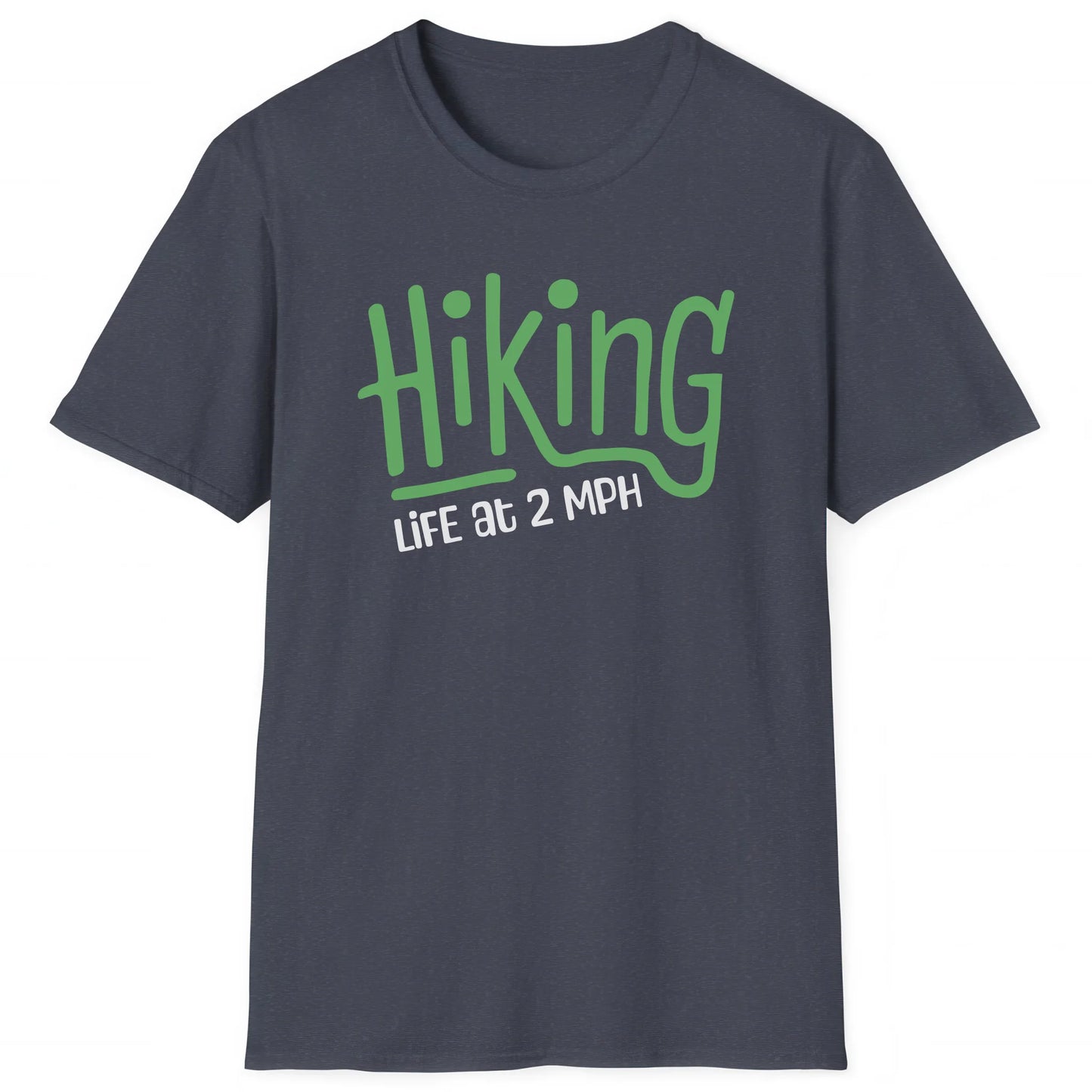 Heather Navy hiking T-shirt with Hiking Life at 2 MPH text, great for hikers