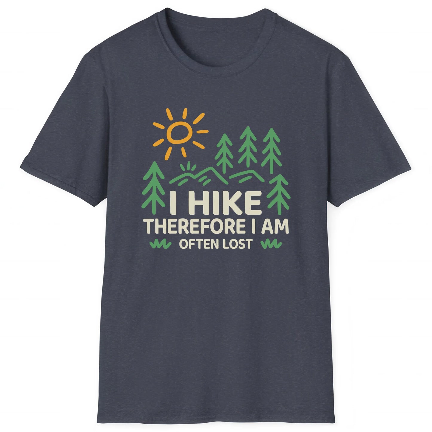 Heather Navy hiking T-shirt with clean mountain trail illustration, great for hikers