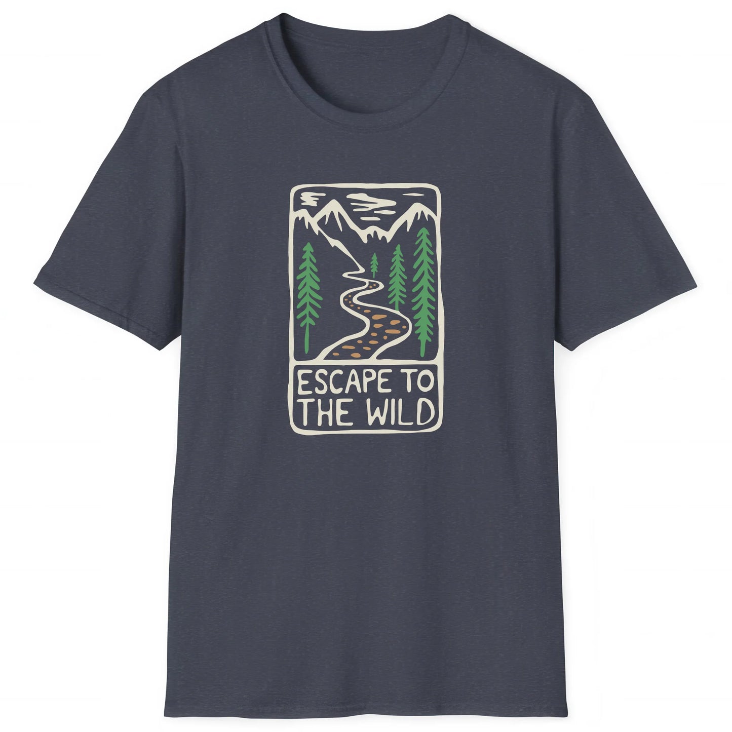 Heather Navy hiking T-shirt with mountain design and text Escape to the Wild, outdoor style shirt