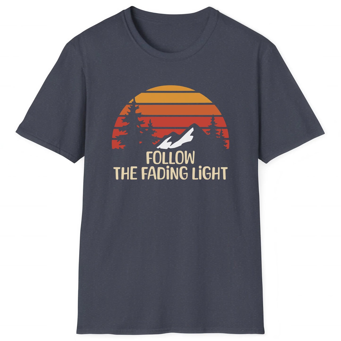 Heather Navy hiking T-shirt with mountain sunset and text Follow The Fading Light, great for hikers